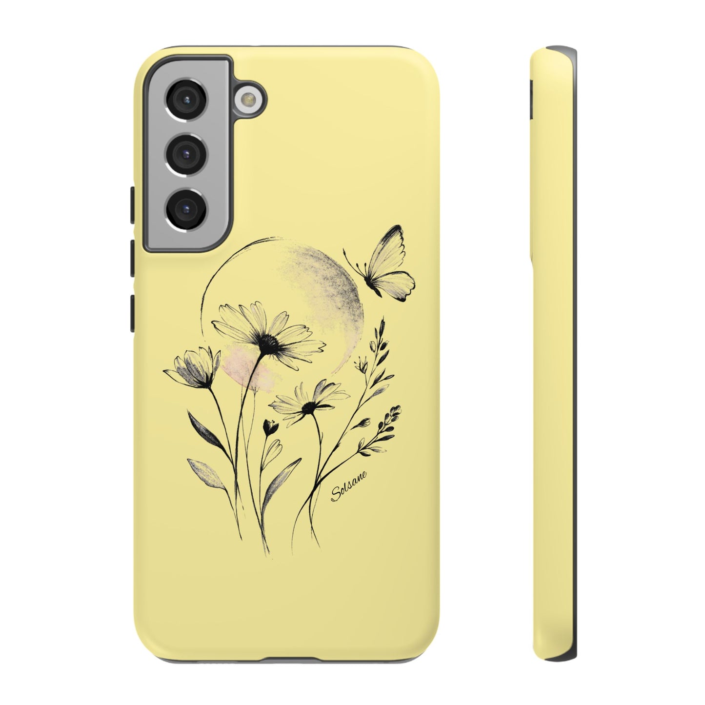 Coque de téléphone papillon fleurie jaune — Housse de protection pour smartphone résistante