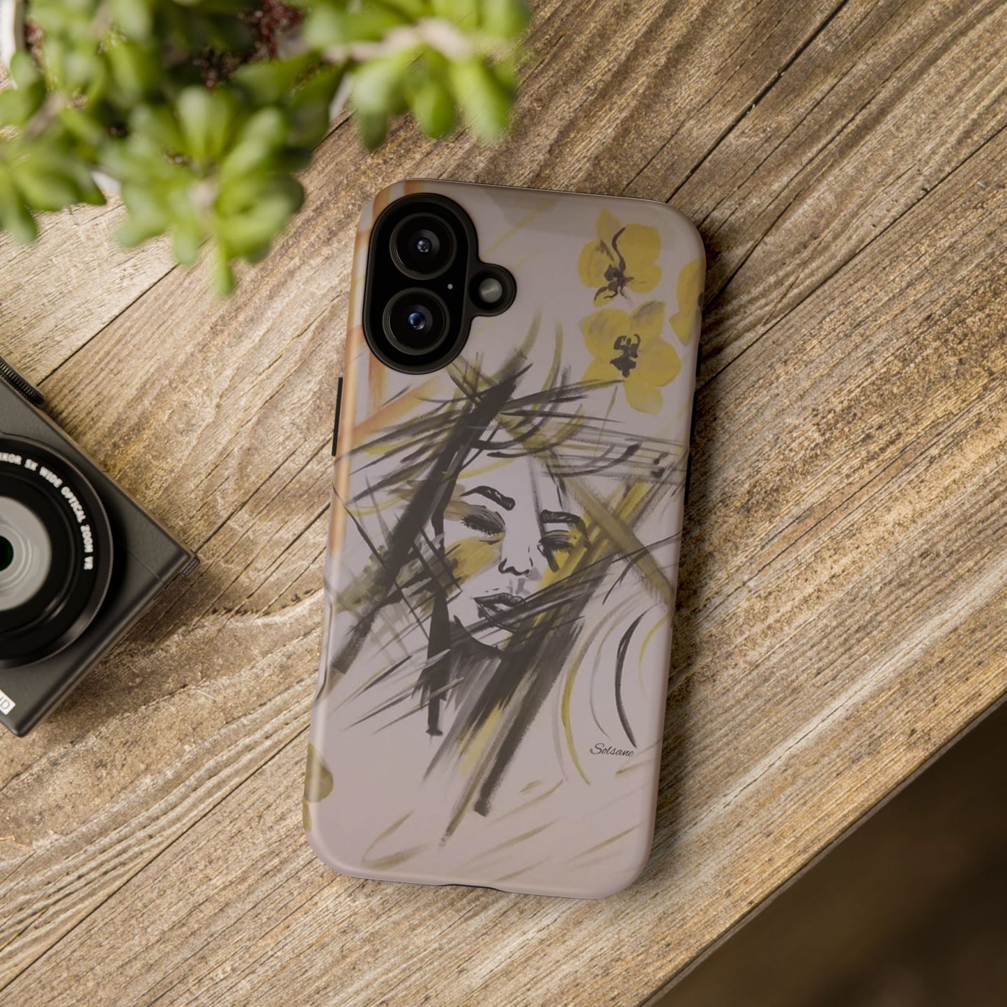 Coque de téléphone à portrait floral artistique - Dessin abstrait du visage avec un coup de pinceau