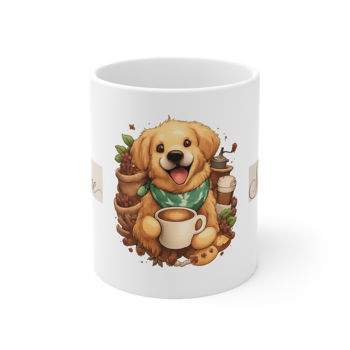 Taza de café Golden Retriever: adorable cachorro con café, opción de nombre personalizado