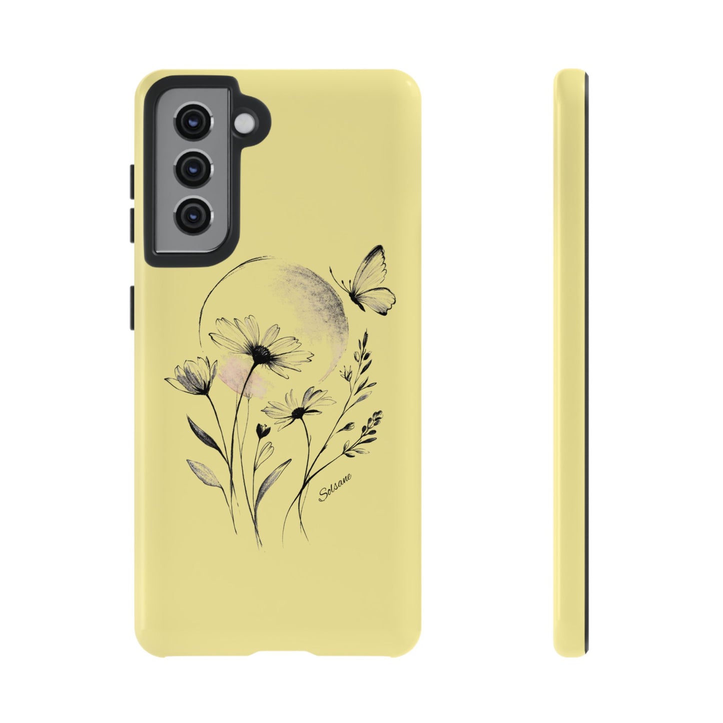 Coque de téléphone papillon fleurie jaune — Housse de protection pour smartphone résistante