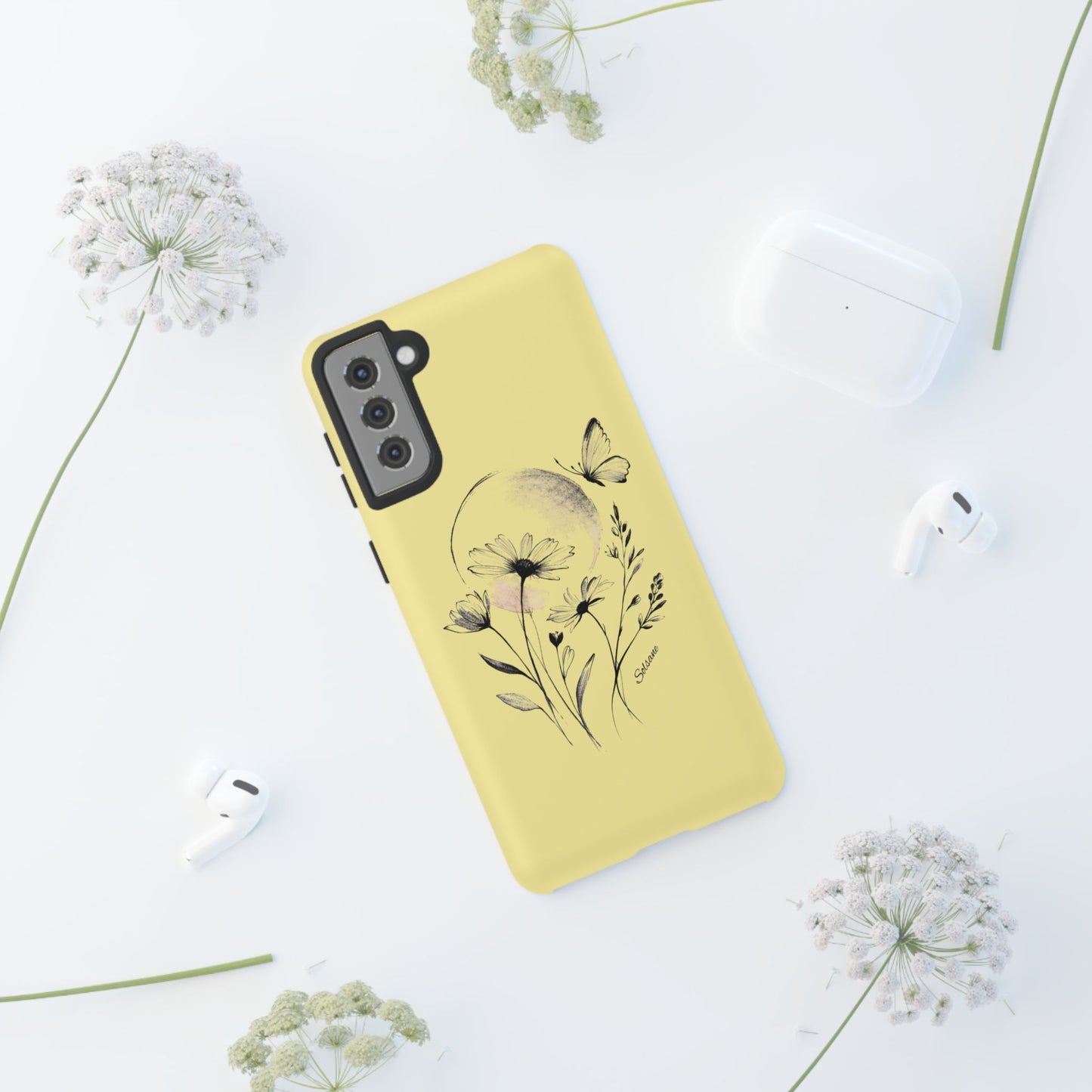 Coque de téléphone papillon fleurie jaune — Housse de protection pour smartphone résistante