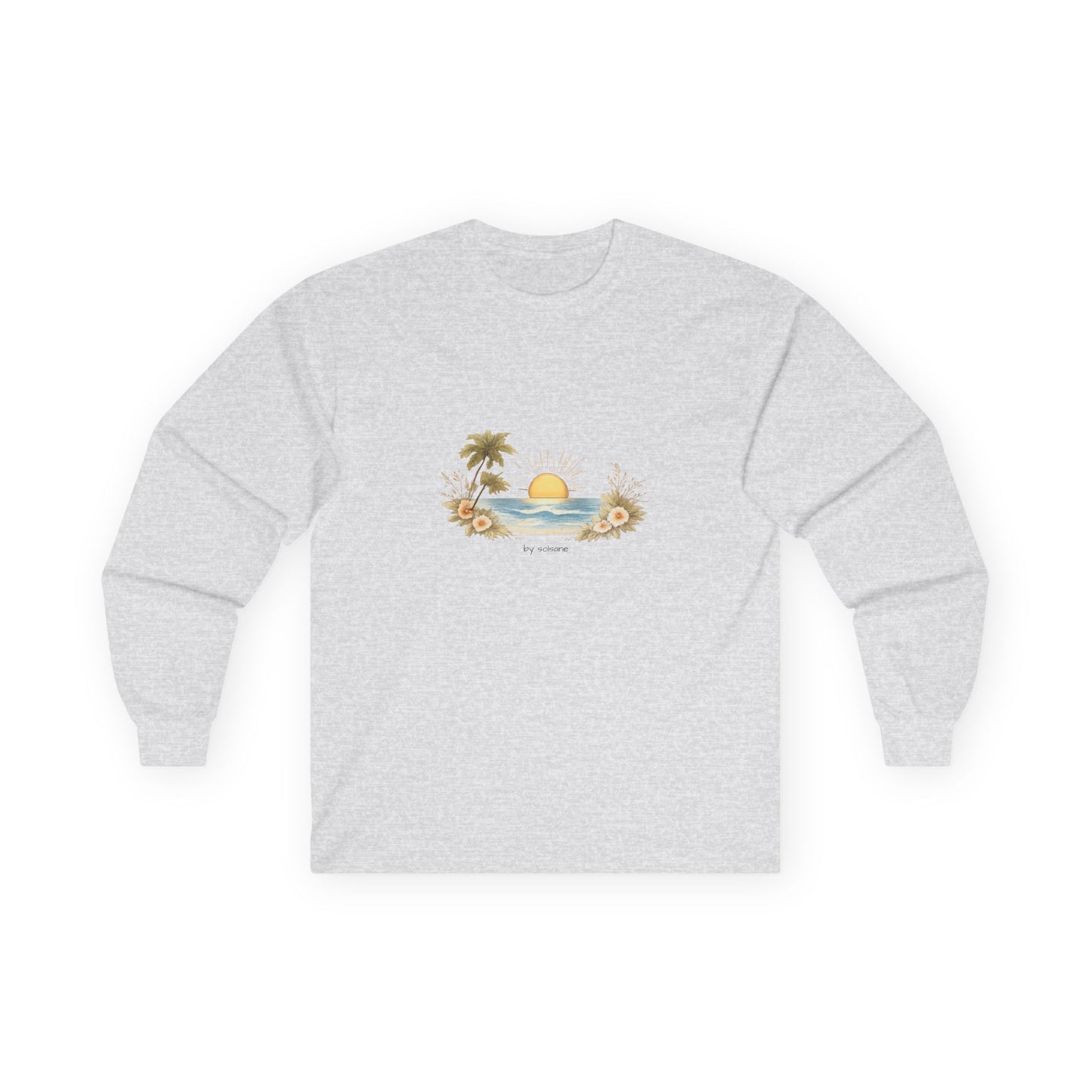 Sunset Beach Long Sleeve Tee — Tropical Palm & Sun Graphic