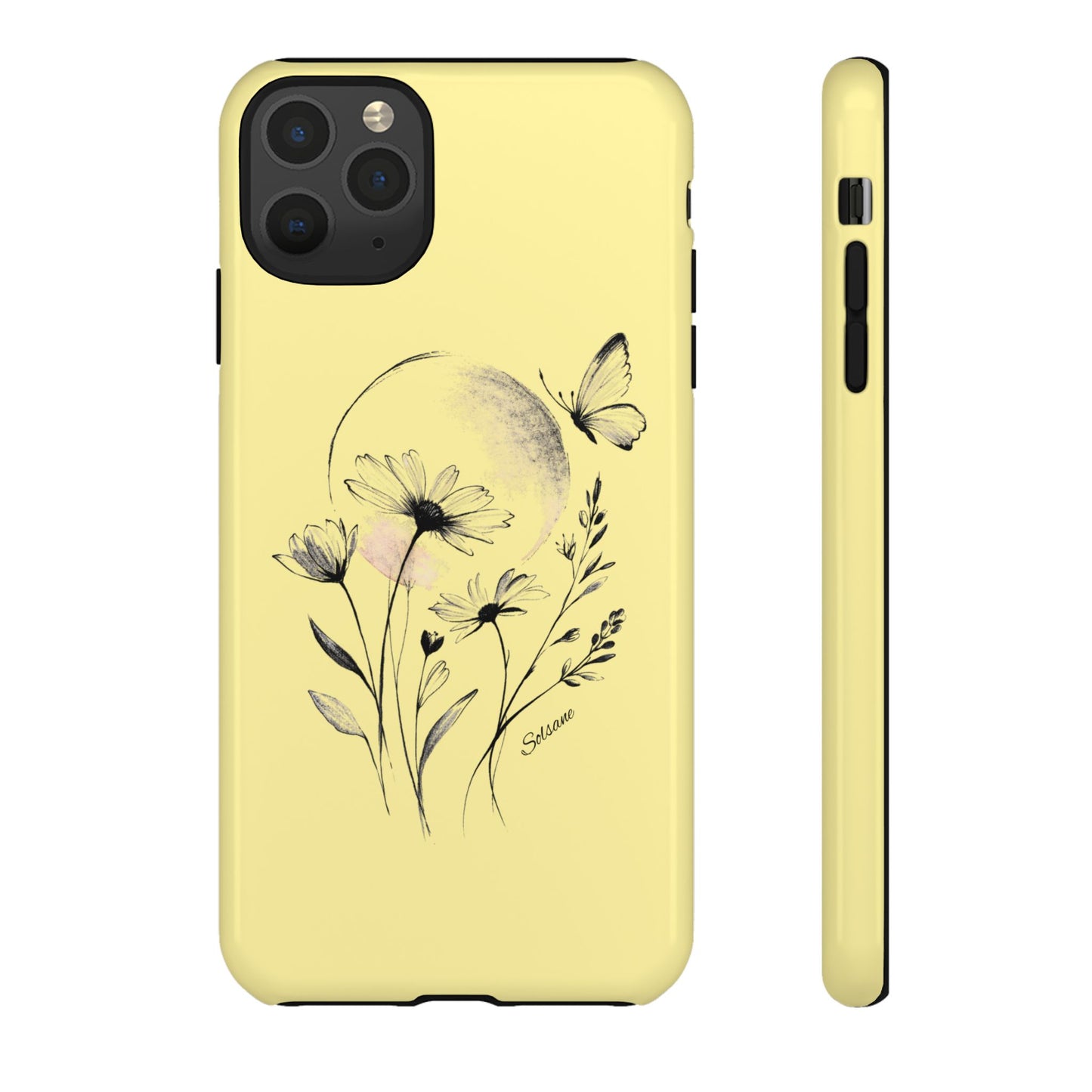 Coque de téléphone papillon fleurie jaune — Housse de protection pour smartphone résistante