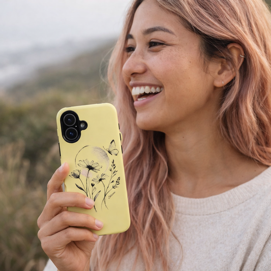 Coque de téléphone papillon fleurie jaune — Housse de protection pour smartphone résistante