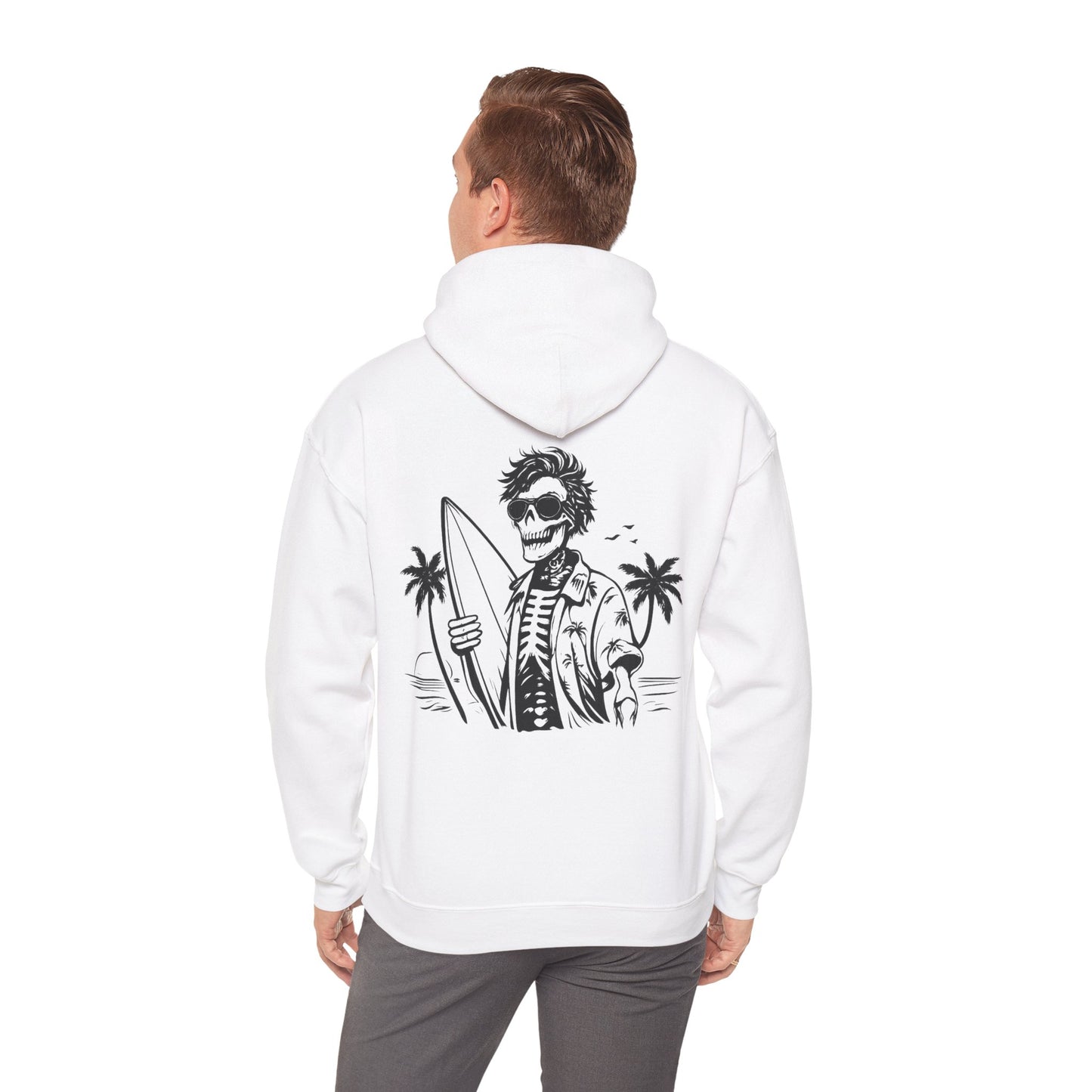 Skeleton Surfer Hoodie — Tropical Skull Surf Graphic Sweatshirt