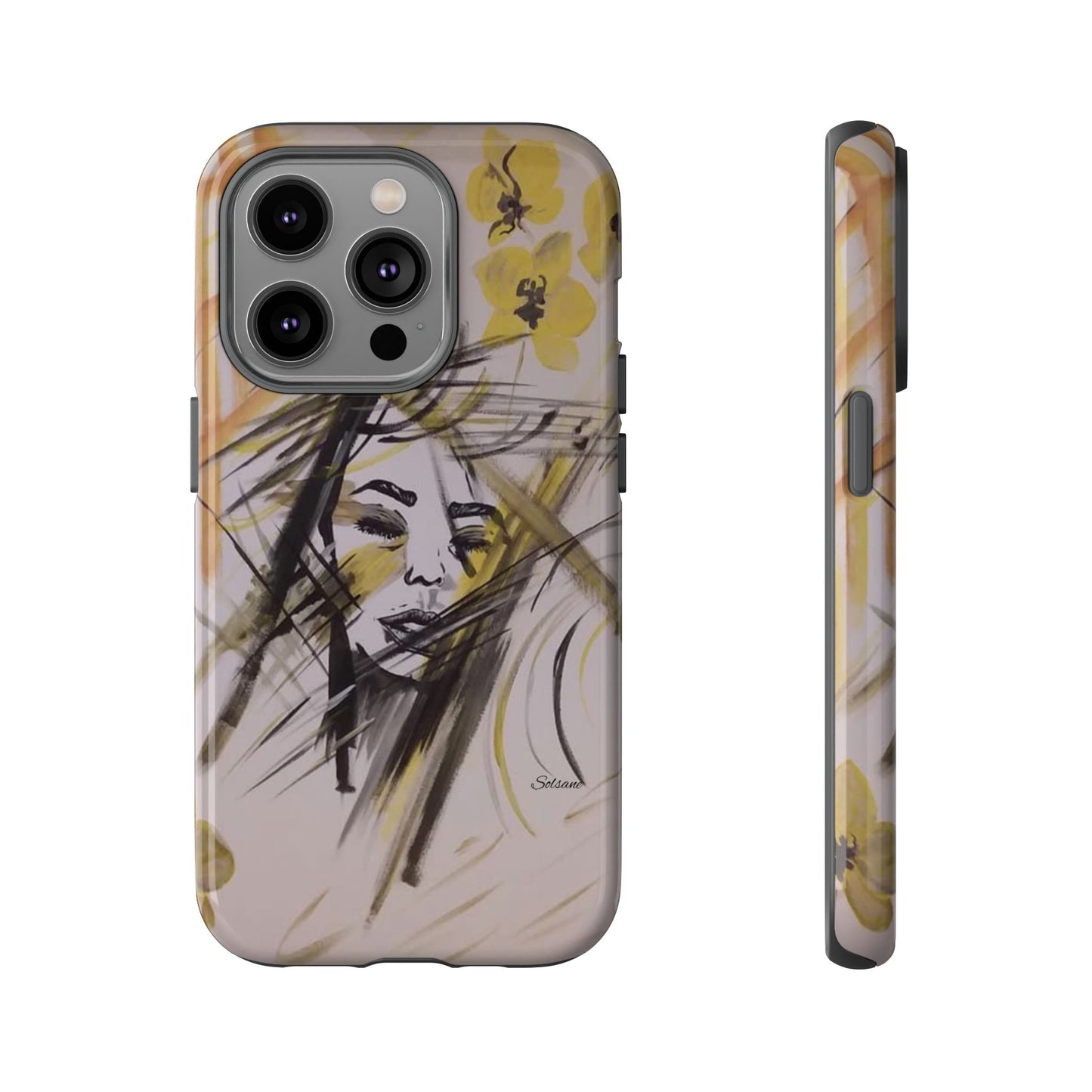 Coque de téléphone à portrait floral artistique - Dessin abstrait du visage avec un coup de pinceau