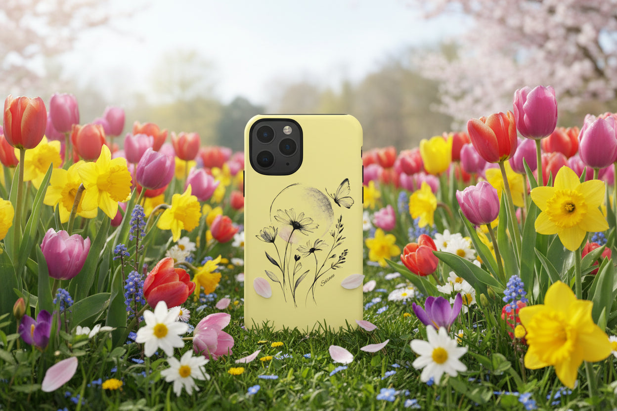 Coque de téléphone papillon fleurie jaune — Housse de protection pour smartphone résistante