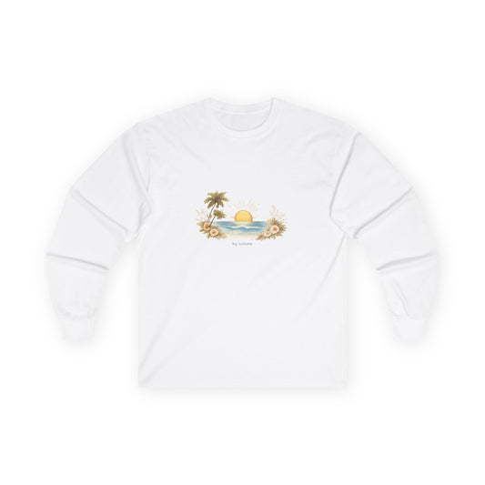 Sunset Beach Long Sleeve Tee — Tropical Palm & Sun Graphic