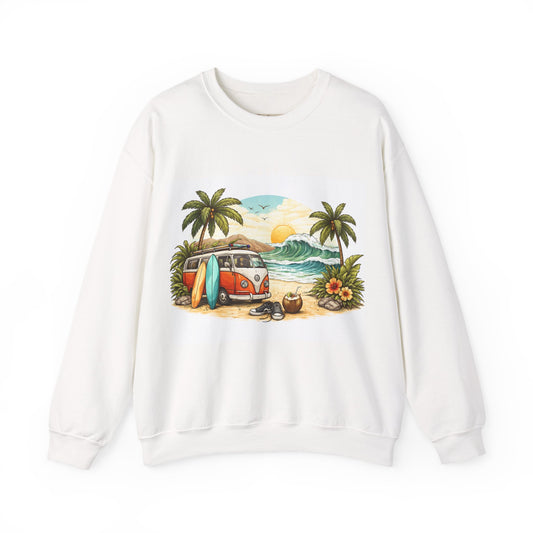 Beach Van Crewneck Sweatshirt – Vintage Surf Sunset Graphic