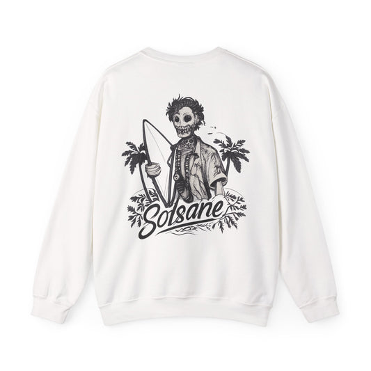 Skeleton Surfer Crewneck Sweatshirt — "Solsane" Retro Beach Graphic